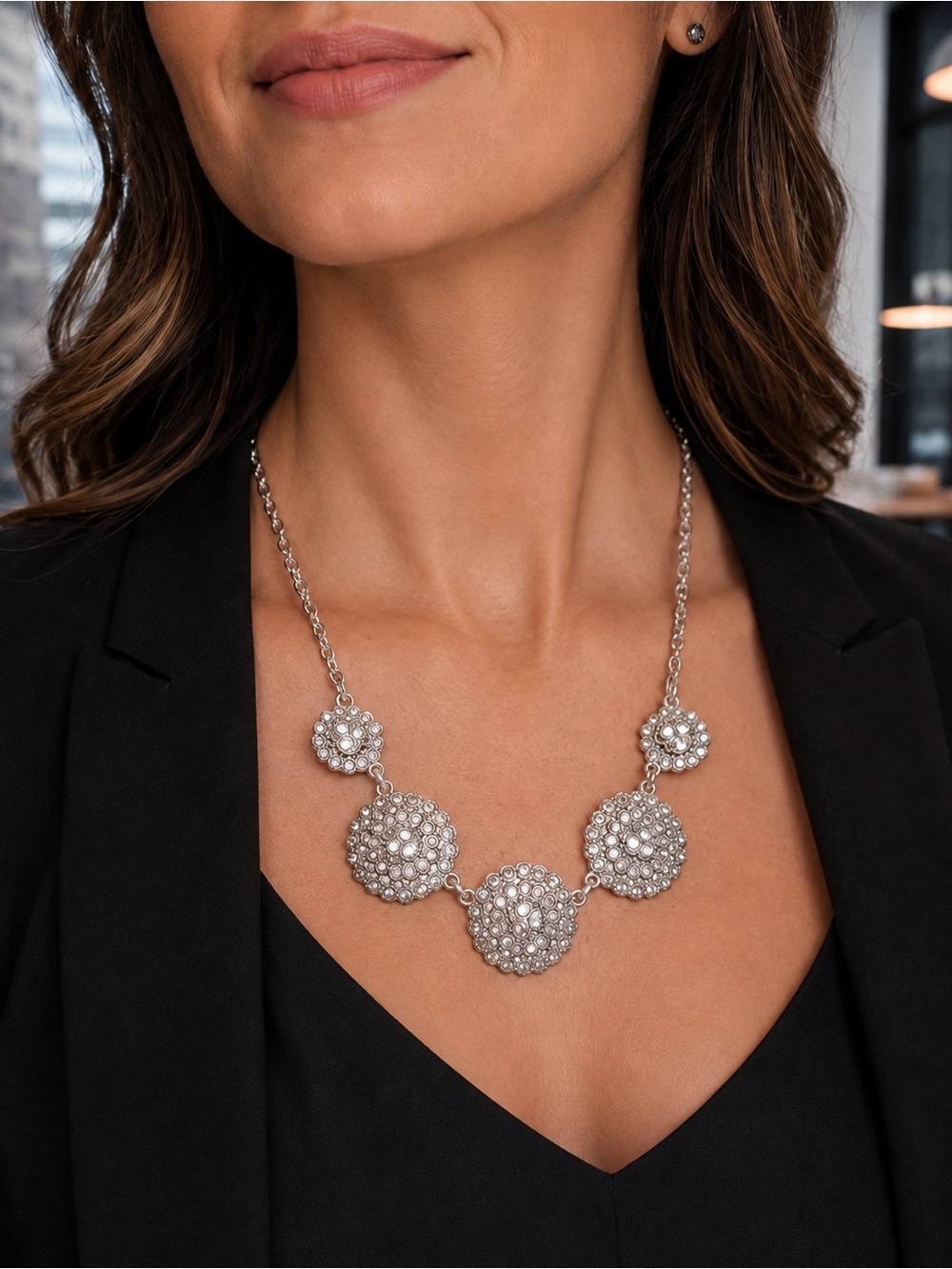 Lia Sophia Silver Tone Pavé Disc Statement Necklace | Polished Glam